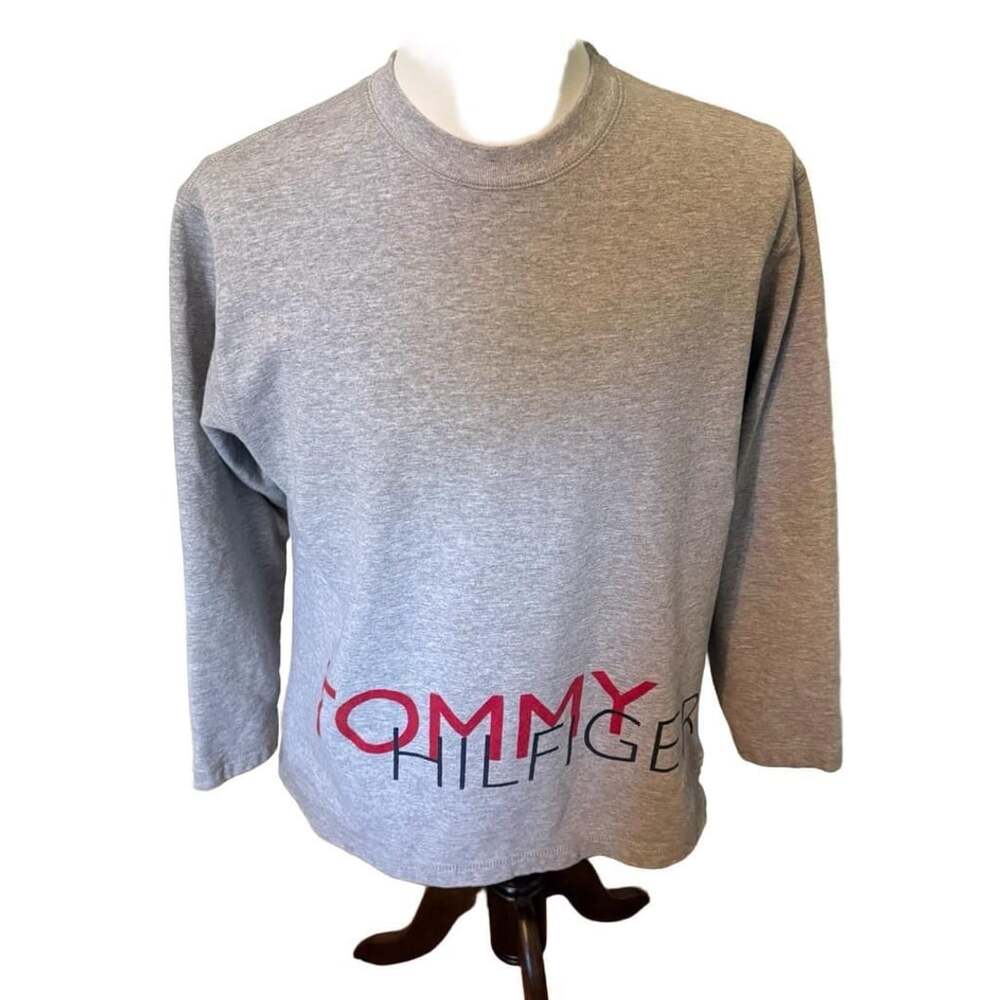Vintage Tommy Hilfiger Grey Long Sleeve Crewneck Sweatshirt with Big Bottom Logo